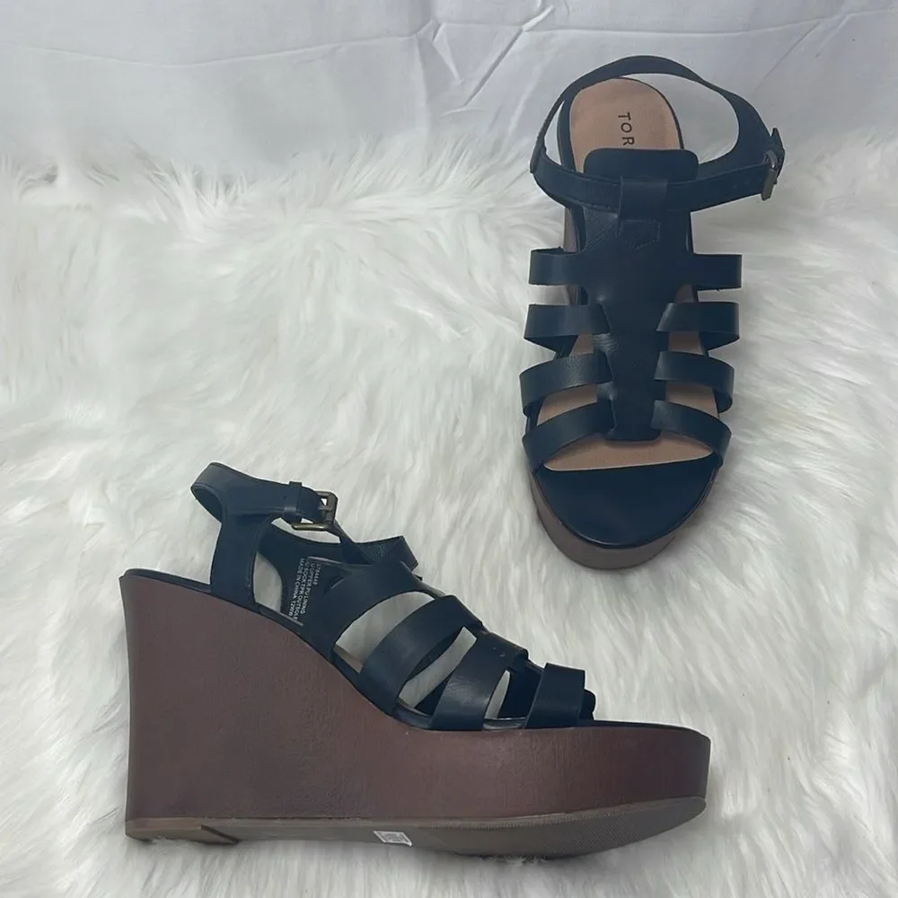 Torrid Black NWT Faux Leather Fisherman Wooden Wedge‎ Platform Sandals Sz 12WW